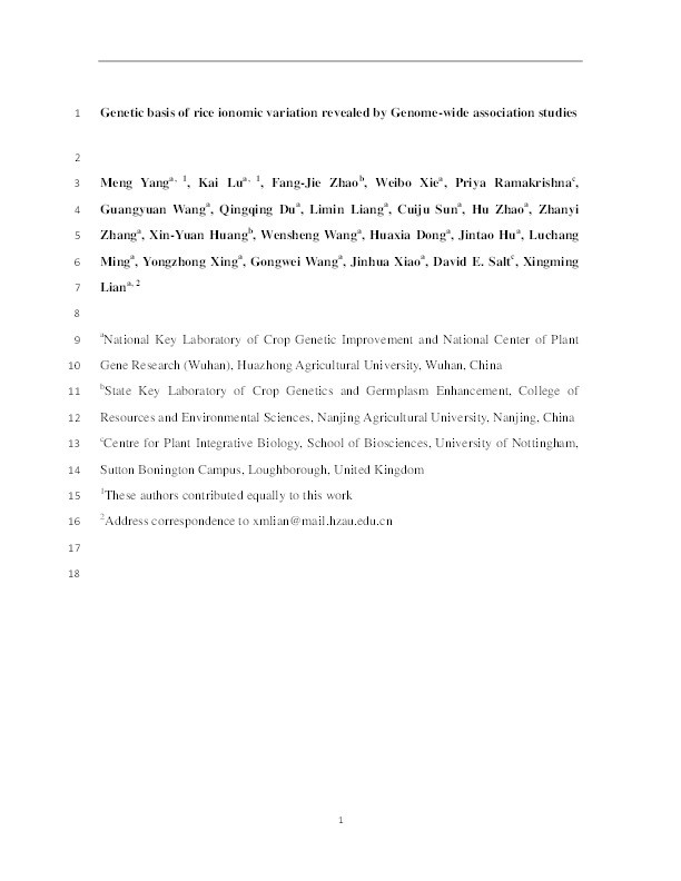 Genome-Wide Association Studies Reveal the Genetic Basis of Ionomic Variation in Rice Thumbnail