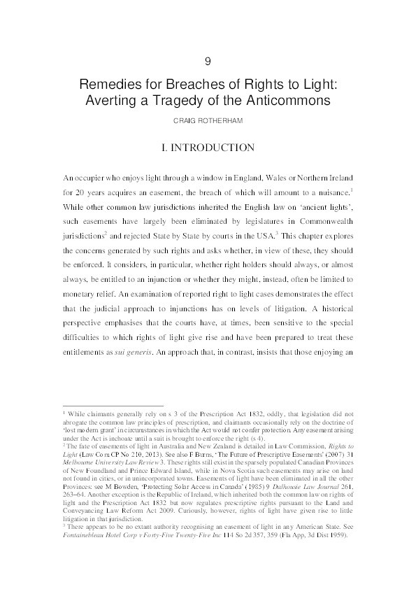 Remedies for Breaches of Rights to Light: Averting a Tragedy of the Anticommons Thumbnail