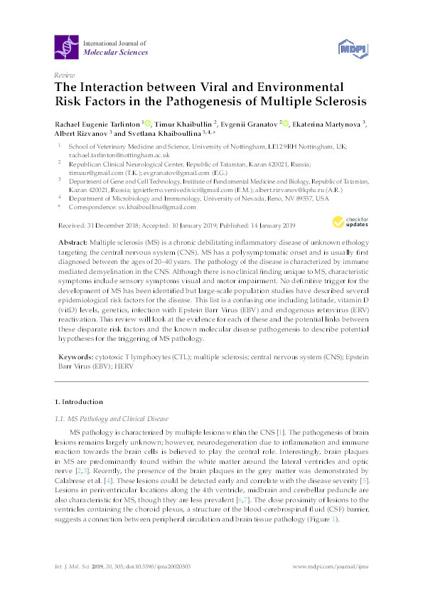 The interaction between viral and environmental risk factors in the pathogenesis of multiple sclerosis Thumbnail
