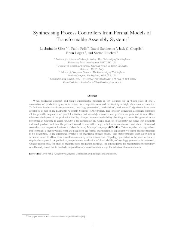 Synthesising process controllers from formal models of transformable assembly systems Thumbnail