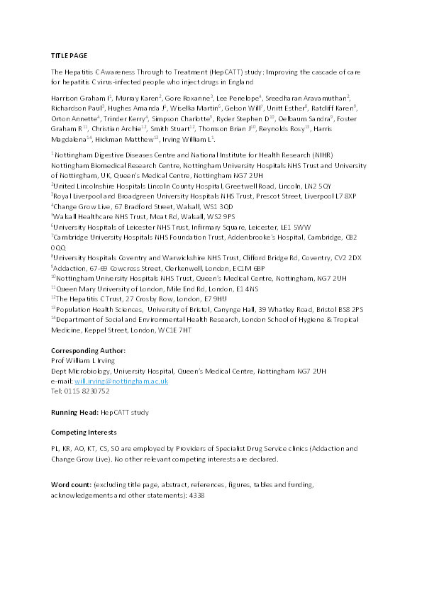 The Hepatitis C Awareness Through to Treatment (HepCATT) study: improving the cascade of care for hepatitis C virus-infected people who inject drugs in England Thumbnail