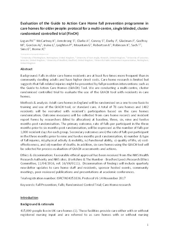 Evaluation of the Guide to Action Care Home fall prevention programme in care homes for older people: protocol for a multi-centre, single blinded, cluster randomised controlled trial (FinCH) Thumbnail