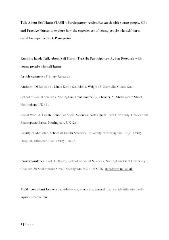 Talk About Self Harm (TASH): participatory action research with young people, GPs and practice nurses to explore how the experiences of young people who self-harm could be improved in GP surgeries Thumbnail