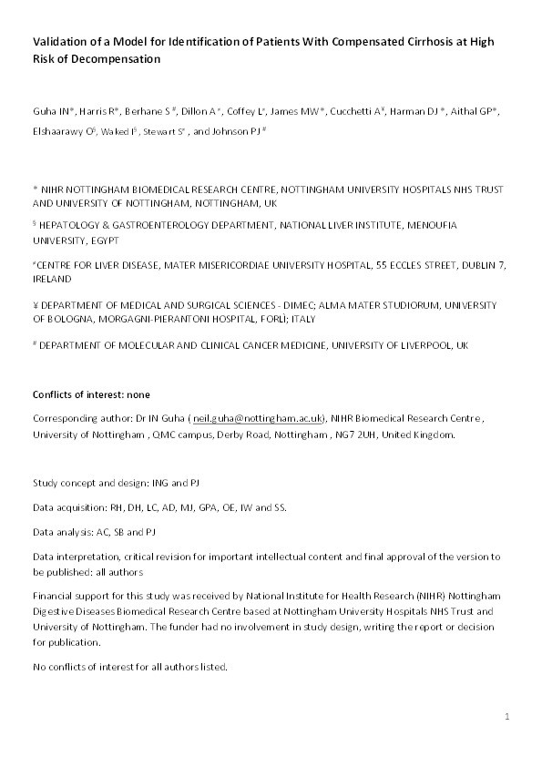 Validation of a model for identification of patients with compensated cirrhosis at high risk of decompensation Thumbnail