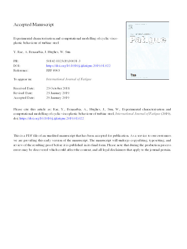 Experimental characterisation and computational modelling of cyclic viscoplastic behaviour of turbine steel Thumbnail