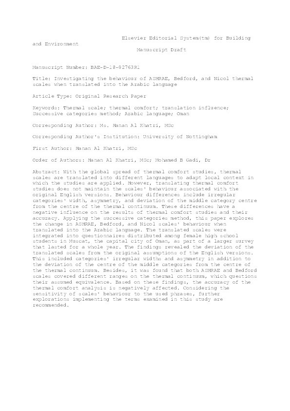 Investigating the behaviour of ASHRAE, Bedford, and Nicol thermal scales when translated into the Arabic language Thumbnail