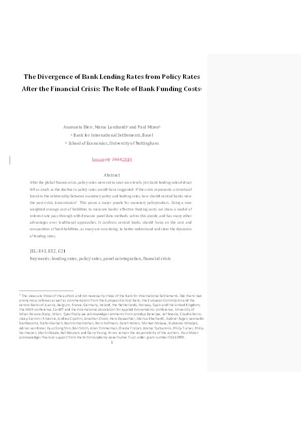 The divergence of bank lending rates from policy rates after the financial crisis: The role of bank funding costs Thumbnail