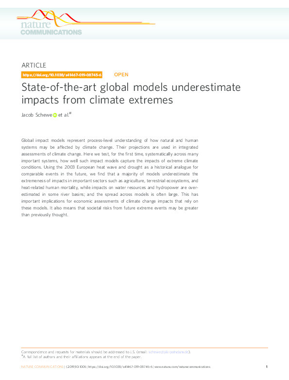 State-of-the-art global models underestimate impacts from climate  extremes Thumbnail