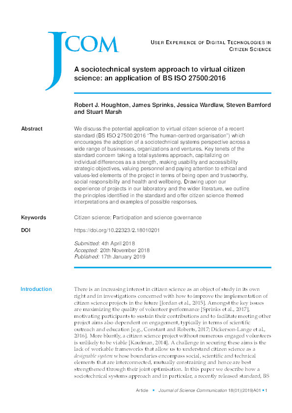 A sociotechnical system approach to virtual citizen science: an application of BS ISO 27500:2016 Thumbnail