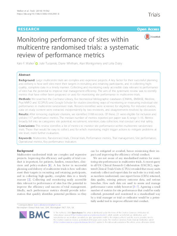Monitoring performance of sites within multicentre randomised trials: a systematic review of performance metrics Thumbnail
