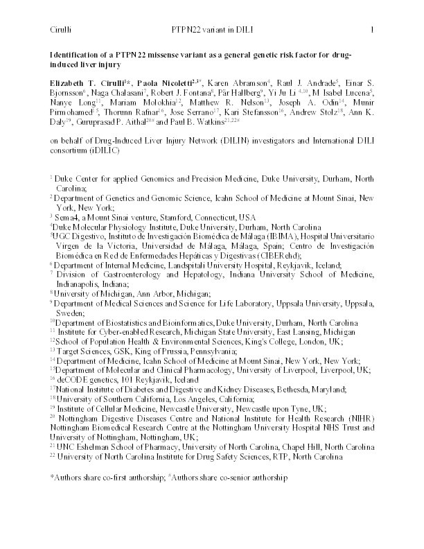 A Missense Variant in PTPN22 is a Risk Factor for Drug-induced Liver Injury Thumbnail
