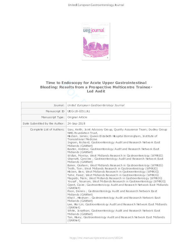 Time to endoscopy for acute upper gastrointestinal bleeding: results from a prospective multicentre trainee-led audit Thumbnail