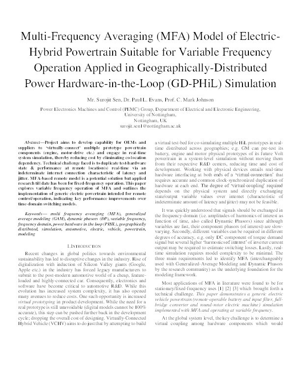 Multi-Frequency Averaging (MFA) Model of Electric-Hybrid Powertrain Suitable for Variable Frequency Operation Applied in Geographically-Distributed Power Hardware-in-the-Loop (GD-PHiL) Simulation Thumbnail