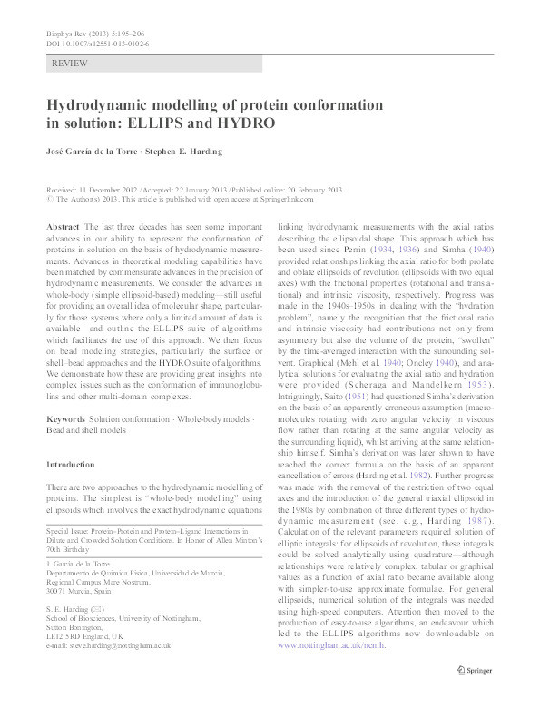 Hydrodynamic modelling of protein conformation in solution: ELLIPS and HYDRO Thumbnail