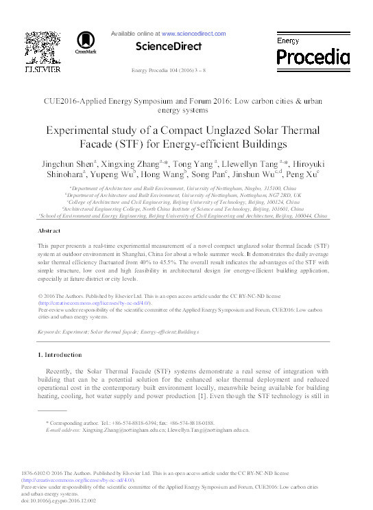 Experimental study of a compact unglazed Solar Thermal Facade (STF) for energy-efficient buildings Thumbnail