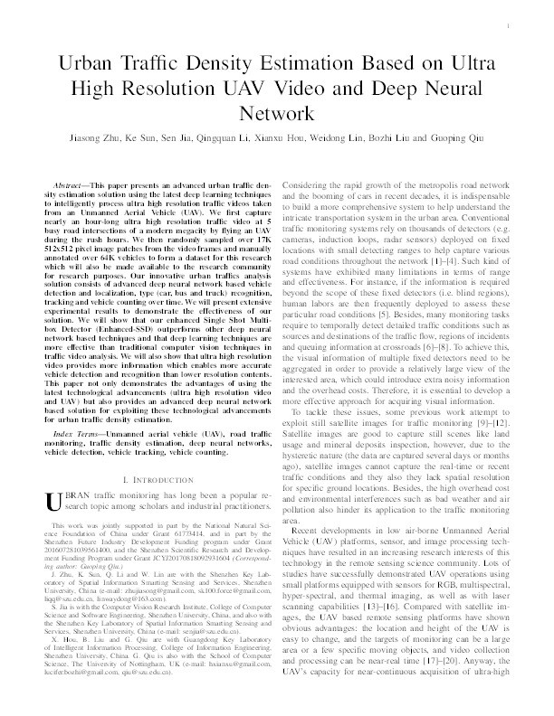 Urban traffic density estimation based on ultrahigh-resolution UAV video and deep neural network Thumbnail