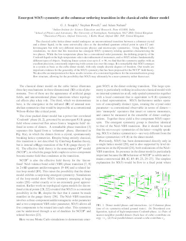 Emergent SO(5) symmetry at the columnar ordering transition in the classical cubic dimer model Thumbnail