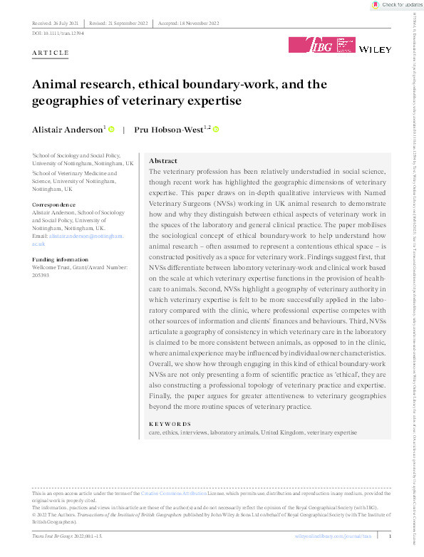 Animal research, ethical boundary-work, and the geographies of veterinary expertise Thumbnail