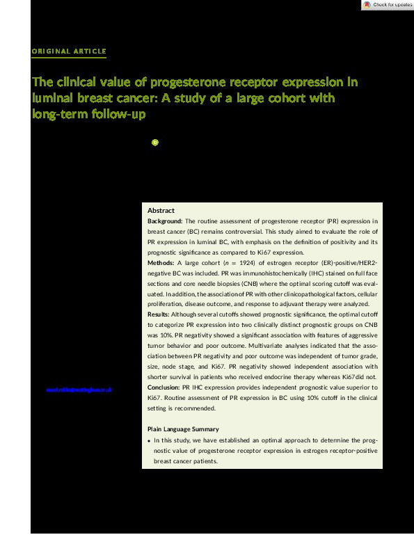 The clinical value of progesterone receptor expression in luminal breast cancer: A study of a large cohort with long-term follow-up Thumbnail