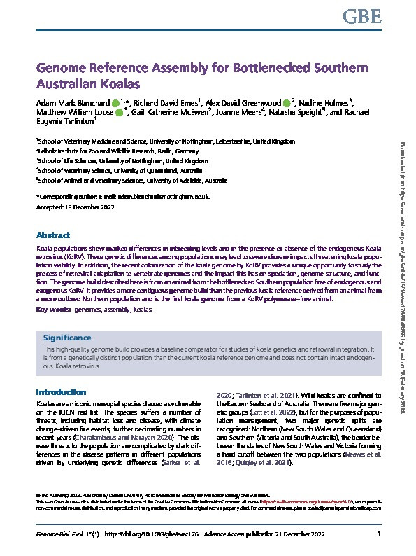 Genome Reference Assembly for Bottlenecked Southern Australian Koalas Thumbnail