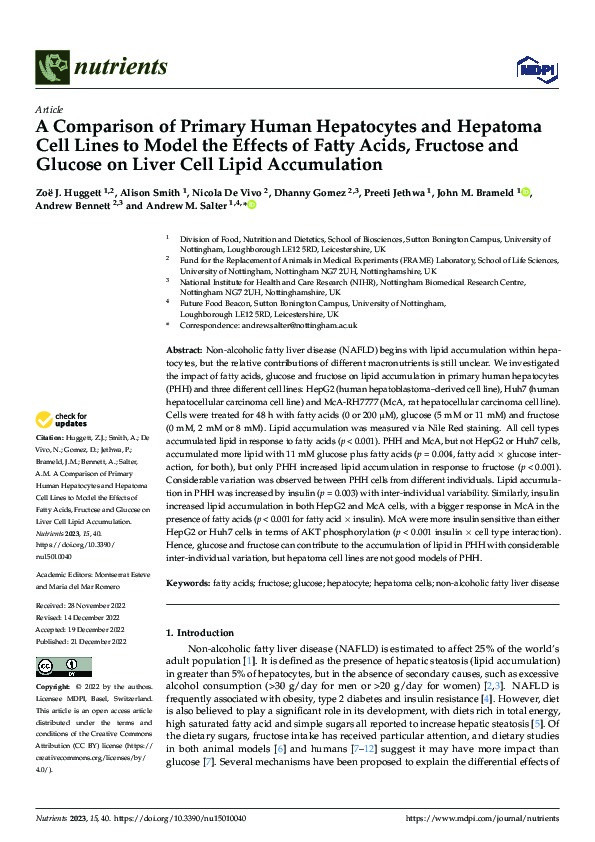 A Comparison of Primary Human Hepatocytes and Hepatoma Cell Lines to Model the Effects of Fatty Acids, Fructose and Glucose on Liver Cell Lipid Accumulation Thumbnail