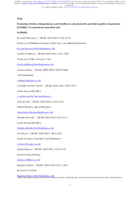 Promoting Activity, Independence and Stability in early dementia and mild cognitive impairment (PrAISED): A randomised controlled trial Thumbnail