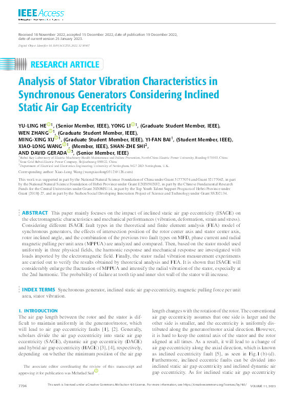 Analysis of Stator Vibration Characteristics in Synchronous Generators Considering Inclined Static Air Gap Eccentricity Thumbnail