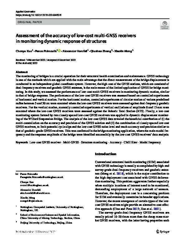 Assessment of the accuracy of low-cost multi-GNSS receivers in monitoring dynamic response of structures Thumbnail