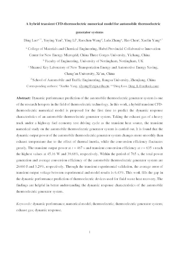 A hybrid transient CFD-thermoelectric numerical model for automobile thermoelectric generator systems Thumbnail