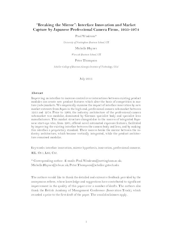 "Breaking the Mirror": Interface Innovation and Market Capture by Japanese Professional Camera Firms, 1955-1974 Thumbnail