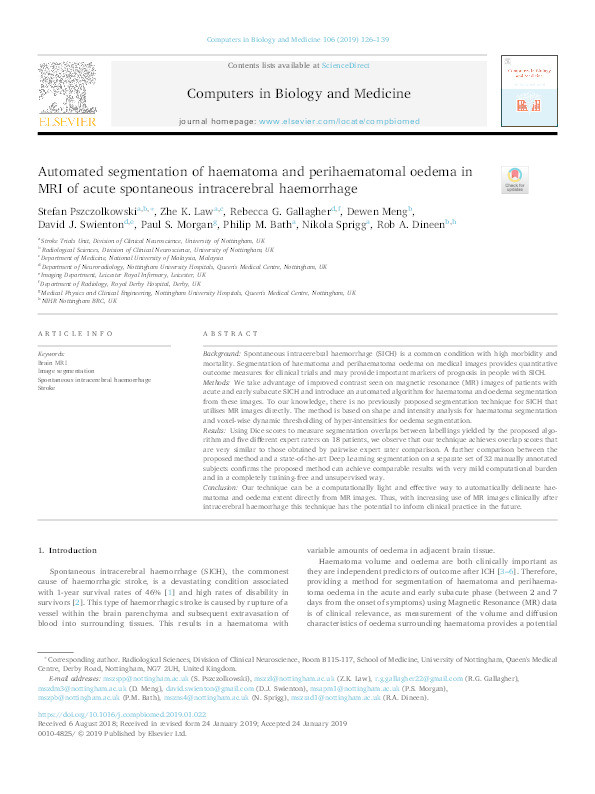 Automated segmentation of haematoma and perihaematomal oedema in MRI of acute spontaneous intracerebral haemorrhage Thumbnail