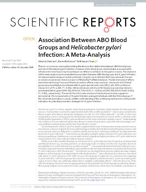 Association Between ABO Blood Groups and Helicobacter pylori Infection: A Meta-Analysis Thumbnail