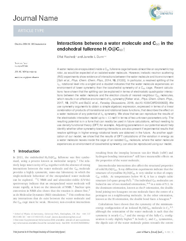 Interactions between a water molecule and C 60 in the endohedral fullerene H2O@C60 Thumbnail