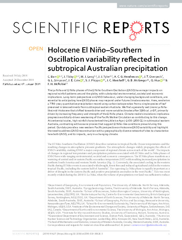 Holocene El Niño–Southern Oscillation variability reflected in subtropical Australian precipitation Thumbnail