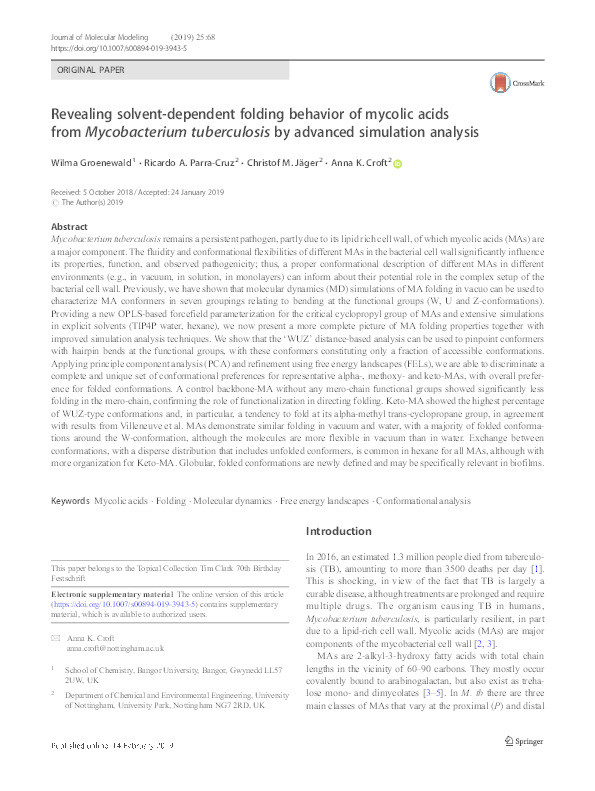 Revealing solvent-dependent folding behaviour of mycolic acids from Mycobacterium tuberculosis by advanced simulation analysis Thumbnail