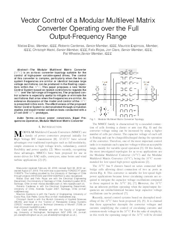 Vector control of a modular multilevel matrix converter operating over the full output-frequency range Thumbnail