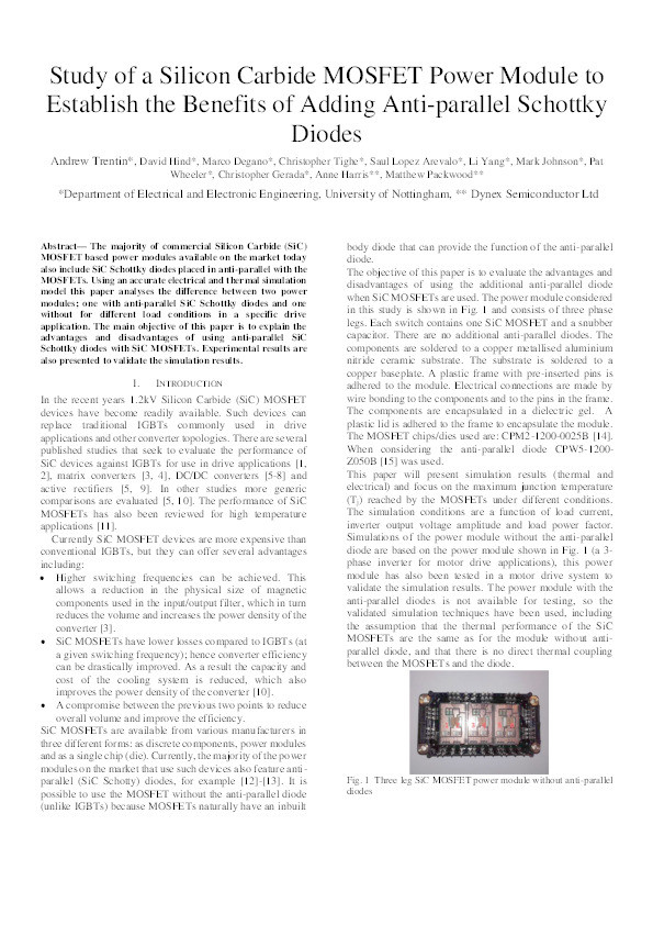 Study of a Silicon Carbide MOSFET Power Module to Establish the Benefits of Adding Anti-parallel Schottky Diodes Thumbnail