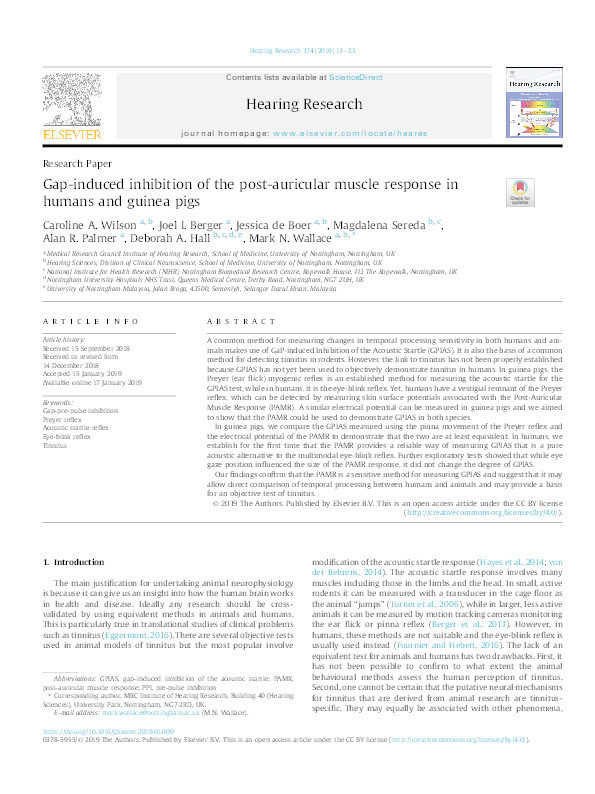 Gap-induced inhibition of the post-auricular muscle response in humans and guinea pigs Thumbnail