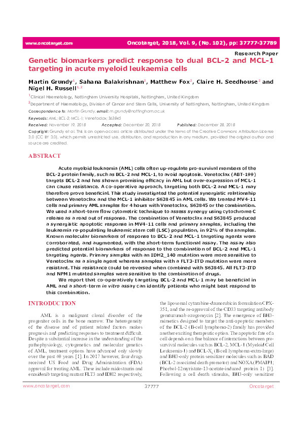 Genetic biomarkers predict response to dual BCL-2 and MCL-1 targeting in acute myeloid leukaemia cells Thumbnail