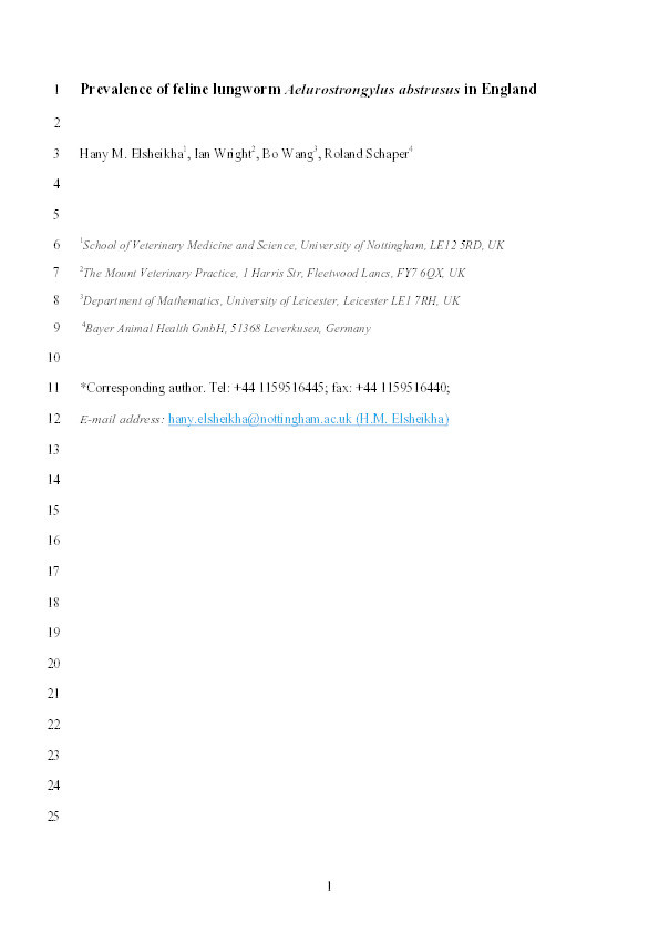 Prevalence of feline lungworm Aelurostrongylus abstrusus in England Thumbnail