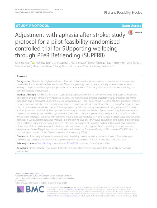 Adjustment with aphasia after stroke: study protocol for a pilot feasibility randomised controlled trial for SUpporting wellbeing through PEeR Befriending (SUPERB) Thumbnail