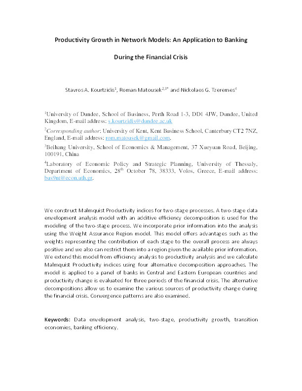 Productivity growth in network models: an application to banking during the financial crisis Thumbnail