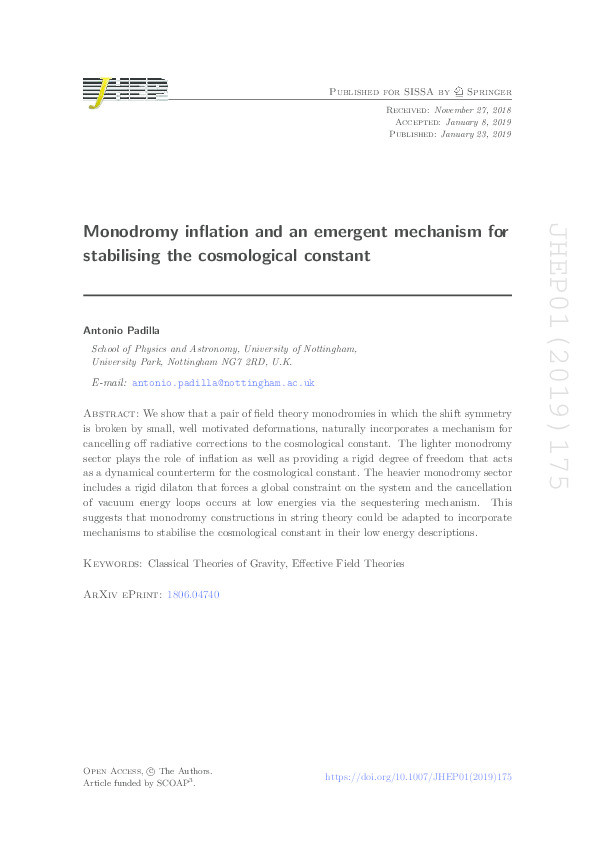 Monodromy inflation and an emergent mechanism for stabilising the cosmological constant Thumbnail
