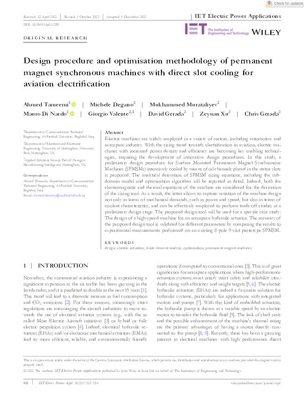 Design procedure and optimisation methodology of permanent magnet synchronous machines with direct slot cooling for aviation electrification Thumbnail