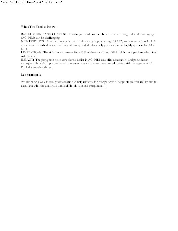 Identification of Reduced ERAP2 Expression and a Novel HLA Allele as Components of a Risk Score for Susceptibility to Liver Injury Due to Amoxicillin-Clavulanate Thumbnail