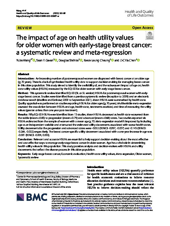 The impact of age on health utility values for older women with early-stage breast cancer: a systematic review and meta-regression Thumbnail