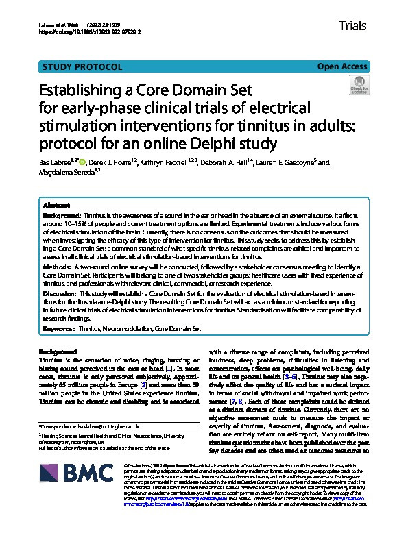 Establishing a Core Domain Set for early-phase clinical trials of electrical stimulation interventions for tinnitus in adults: protocol for an online Delphi study Thumbnail