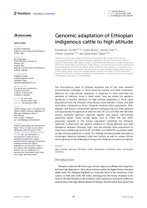 Genomic adaptation of Ethiopian indigenous cattle to high altitude Thumbnail