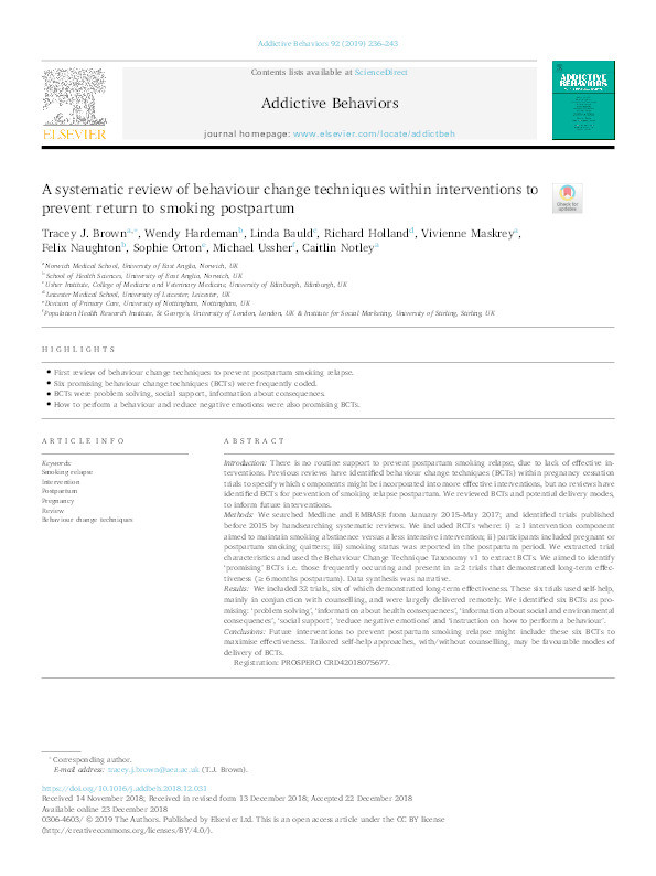 A systematic review of behaviour change techniques within interventions to prevent return to smoking postpartum Thumbnail