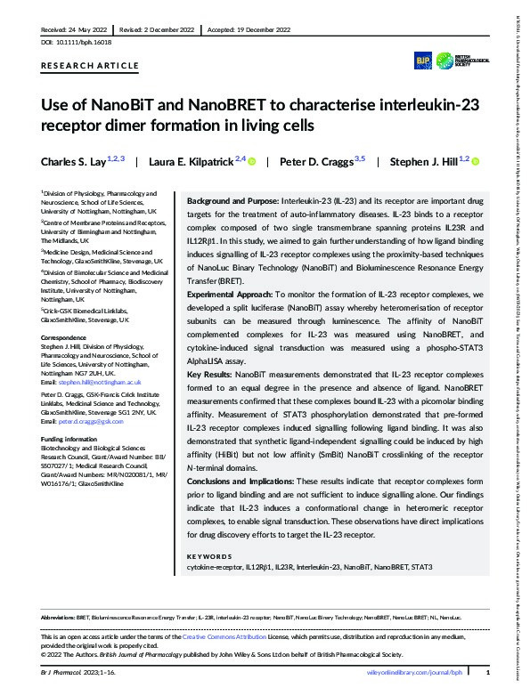 Use of NanoBiT and NanoBRET to characterise interleukin-23 receptor dimer formation in living cells Thumbnail
